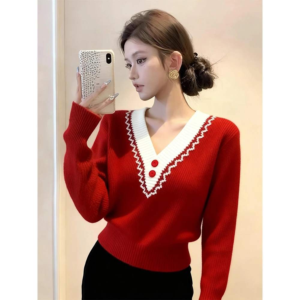 宽松显瘦显白百搭气质日常通勤圣诞拼色红色上衣女2025冬v领毛衣