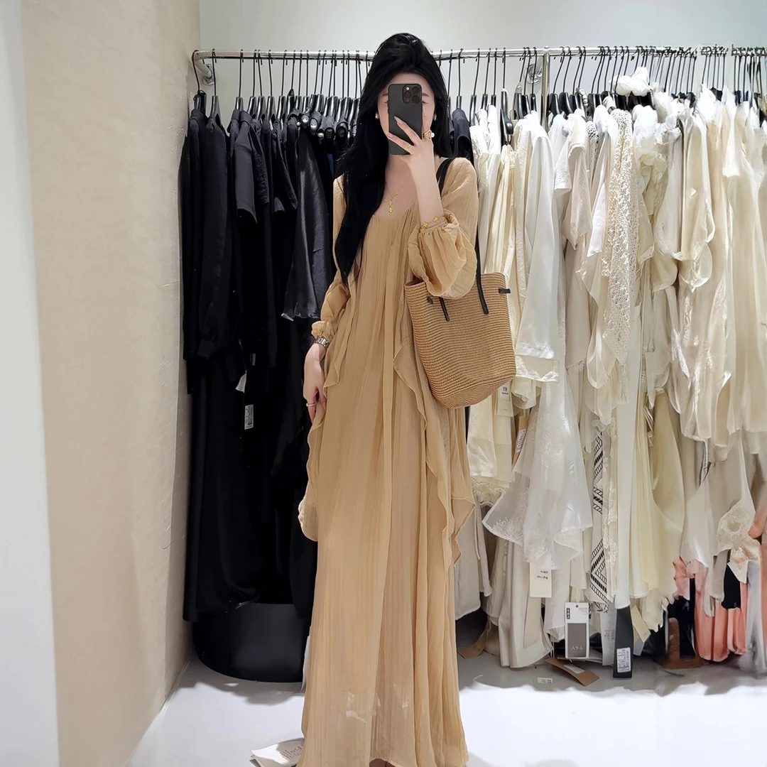 VOCKOO官方轻国风肌理感露背吊带连衣裙女夏季清冷感气质宽松显瘦