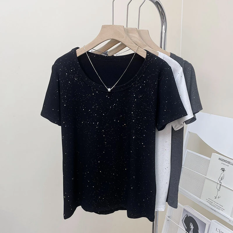 大码气质小众细闪亮片正肩短袖t恤女夏季百搭宽松显瘦打底衫上衣