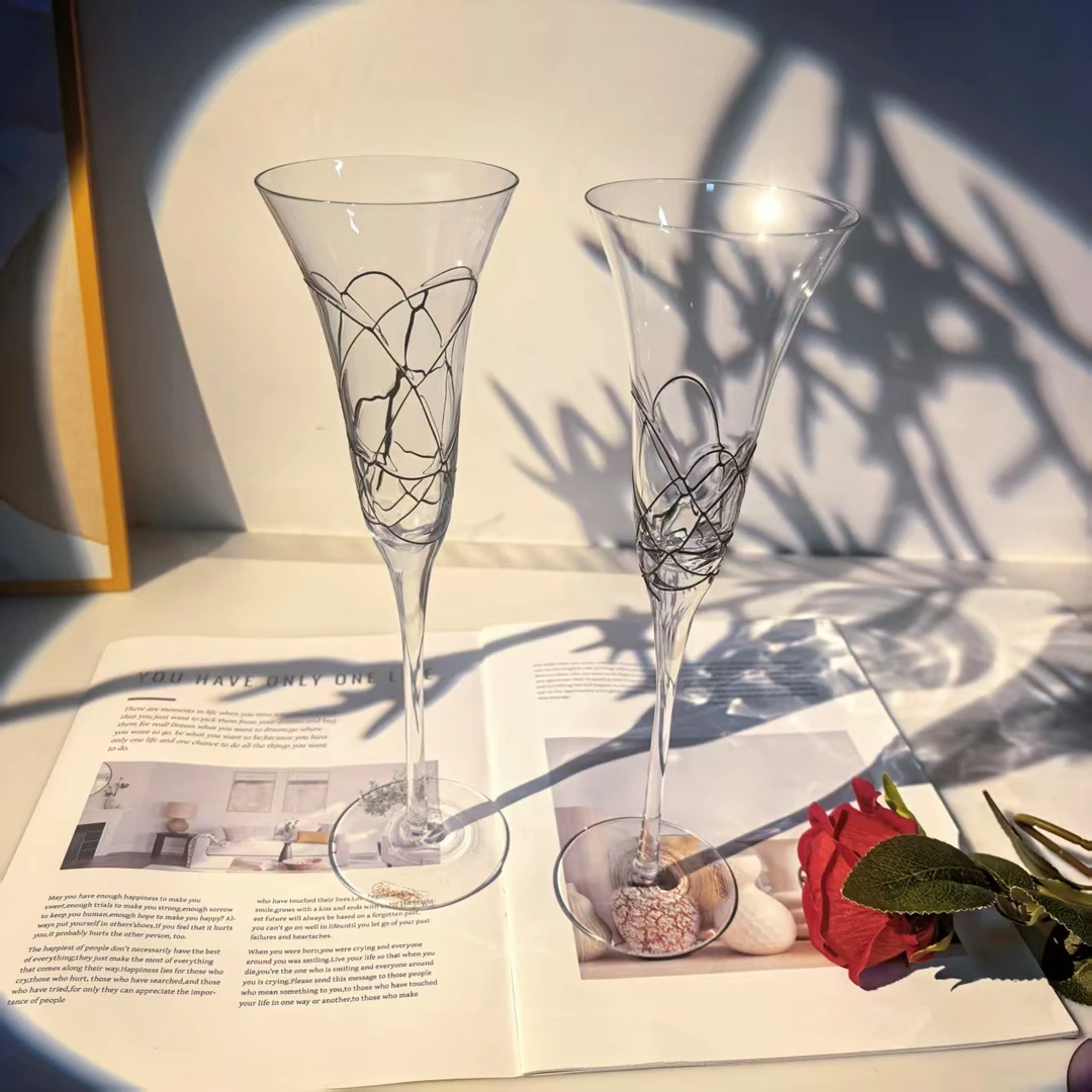 惊喜家拉丝香槟杯2只装高级轻奢法式香槟杯高颜值玻璃香槟杯