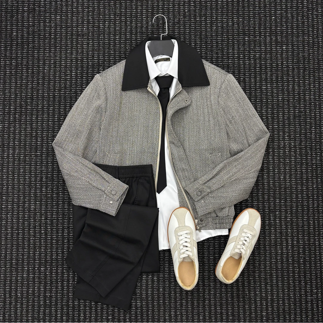 SHENGS男士高品质人字纹撞色拼接短款夹克男韩版休闲百搭外套男