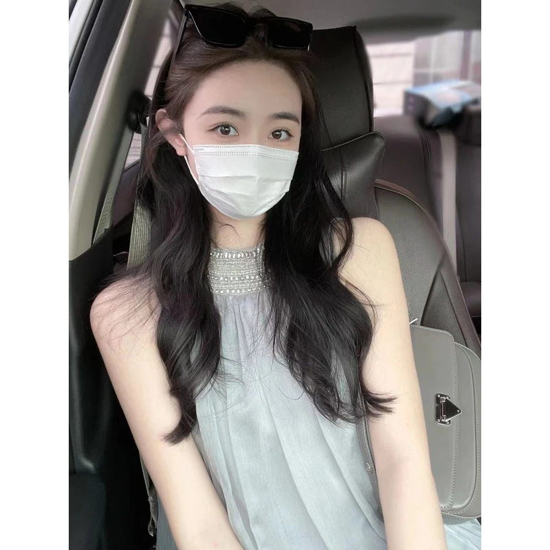 2024夏装无袖真丝质感重工钉珠挂脖连衣裙女装夏季流行小礼服裙子