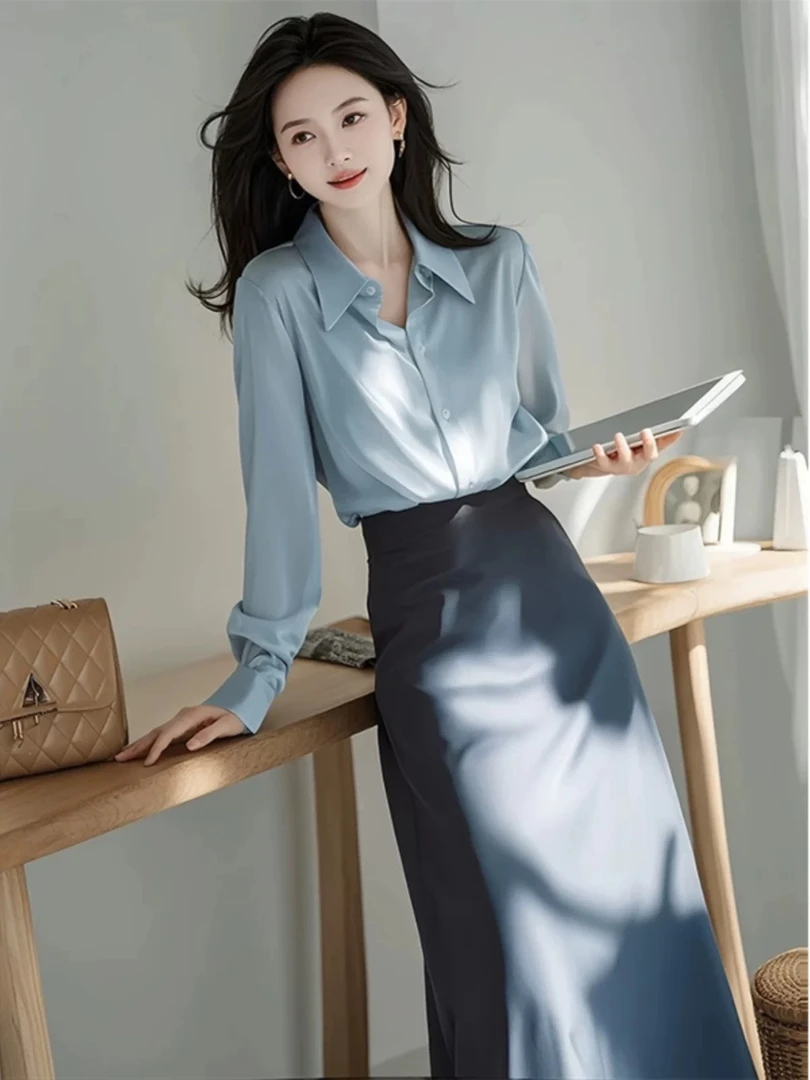 早秋季上班通勤梨型身材穿搭高冷范气场强大女装蓝色衬衫裙子套装