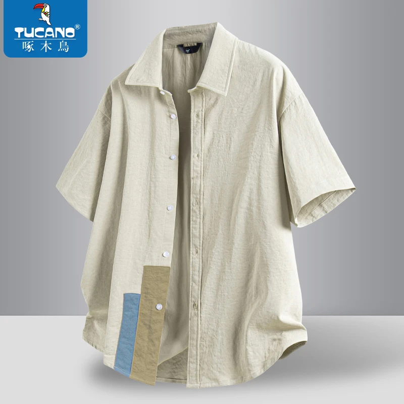 啄木鸟短袖衬衫男夏季翻领开衫衬衣男款爆款2025新款潮流青年上衣