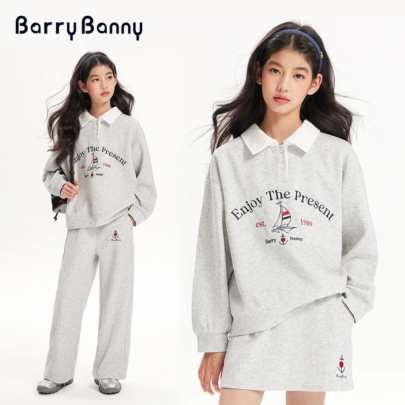 BarryBanny女童卫衣2025春季新款美式复古POLO衫儿童宽松裙裤套装