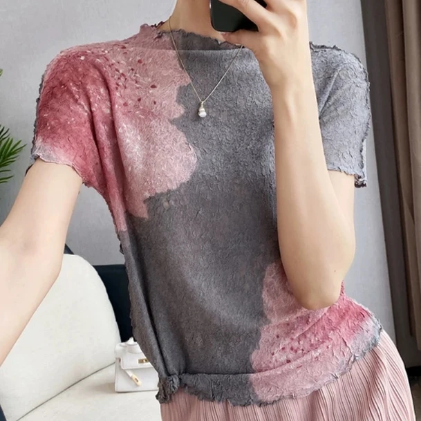 新款褶皱手工气质捏褶大花显瘦洋气T恤复古上衣