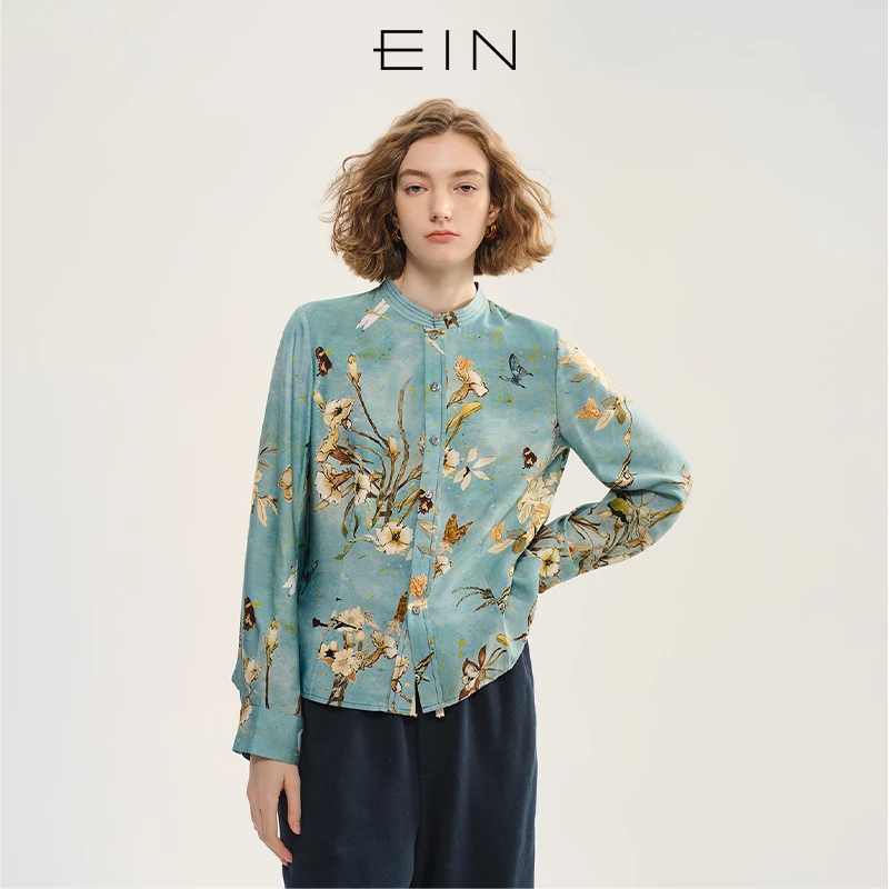 EIN/言浪漫假日感印花小立领灯笼袖文艺休闲衬衫女2025早秋新款