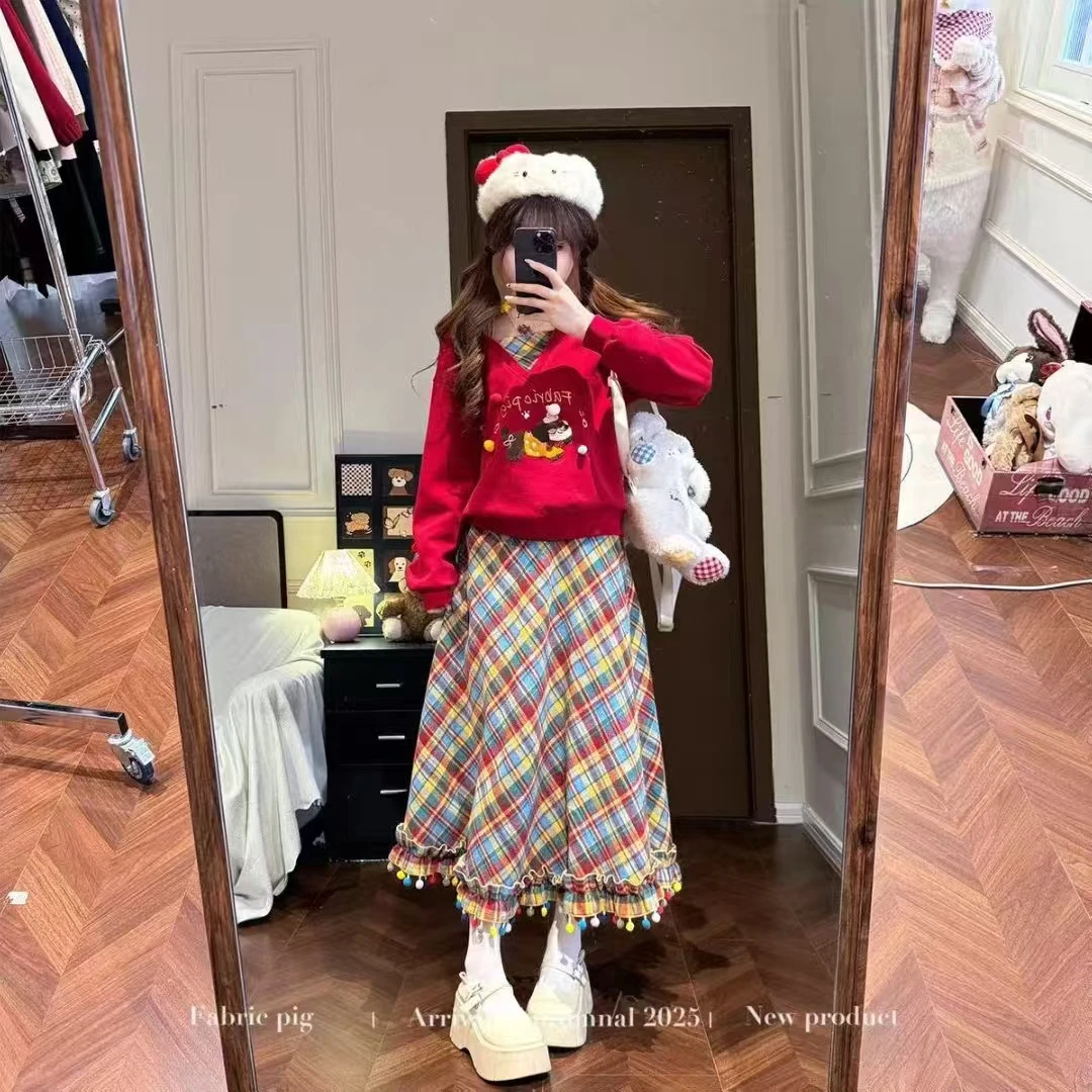 黄油奶咖甜美风V领连帽卫衣女秋小个子黄色长袖外套+半身裙两件套