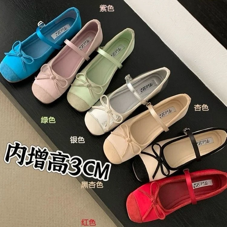 法式温柔蝴蝶结玛丽珍鞋女鞋内增高早春新款芭蕾舞鞋配裙子单鞋子