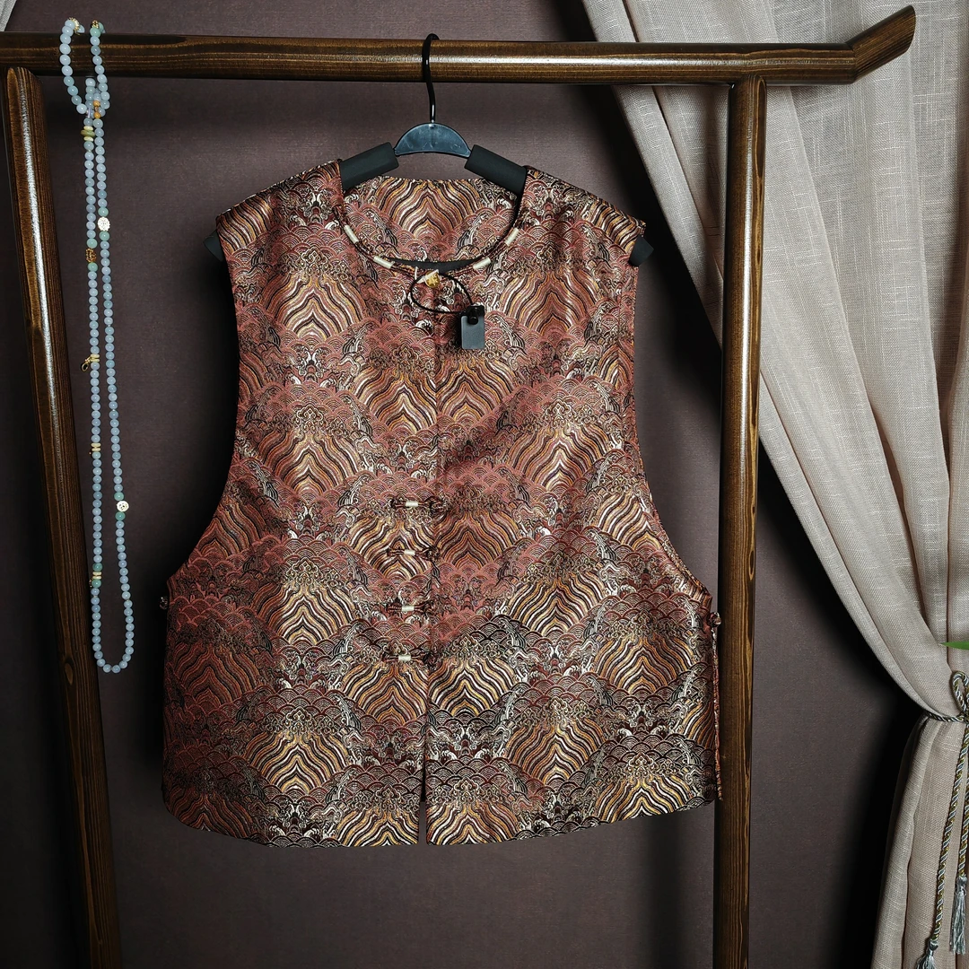 宋锦工艺江崖海水纹宋锦工艺领百搭咖色新中式国风无袖马夹马甲