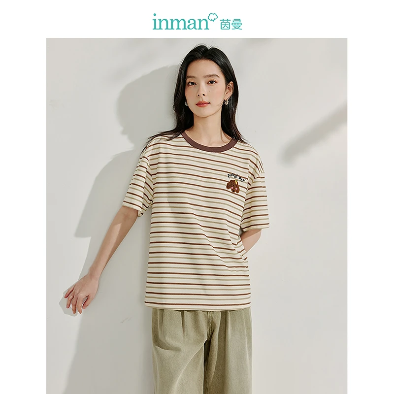 【欧若智性风】茵曼夏季休闲百搭条纹刺绣T恤宽松撞色圆领短袖上衣