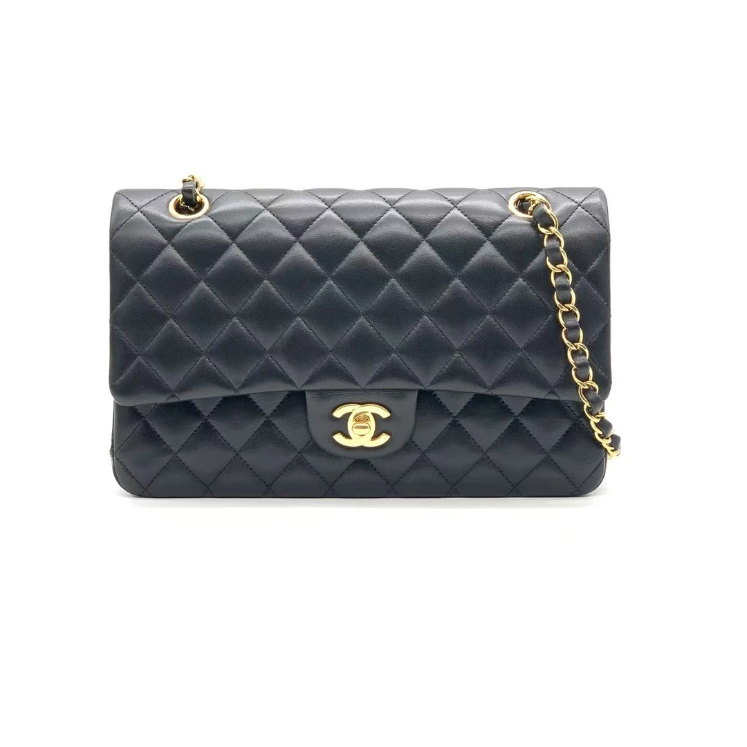 99新 Chanel/香奈儿  黑金光面羊中号cf链条包/芯片款