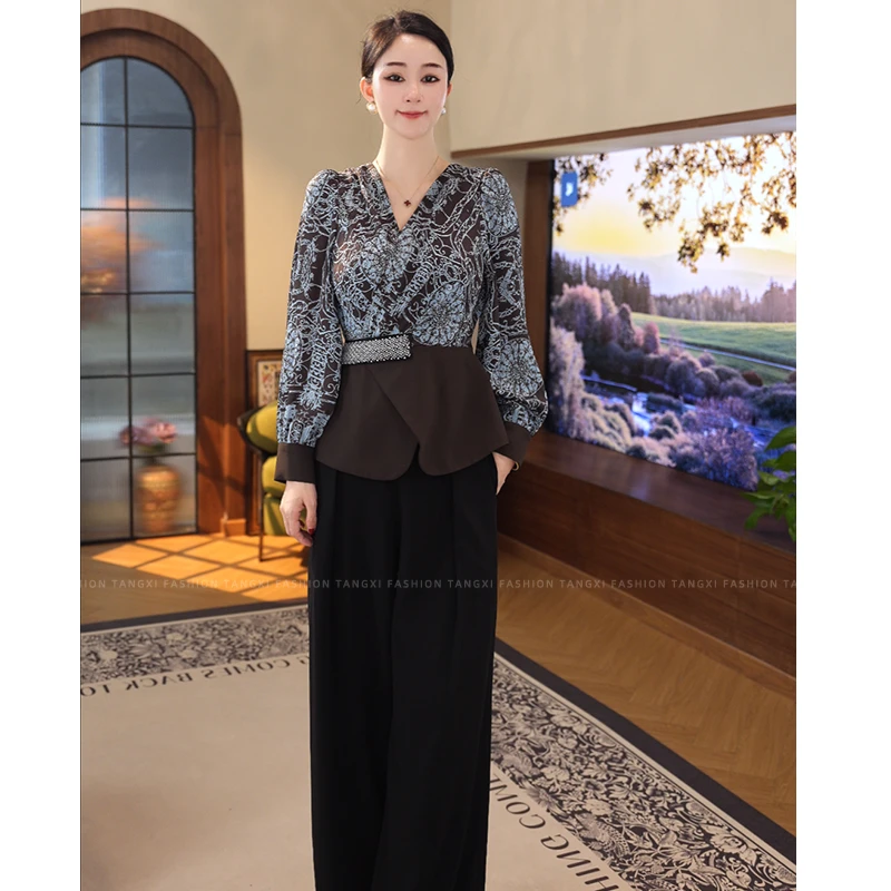 2026早秋新款【ZM-Q960】复古洋气蓝色印花气质拼接v领长袖衬衫上