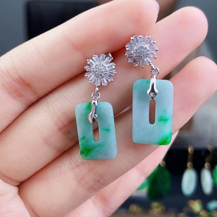 翡翠耳饰银S925镶嵌饰品