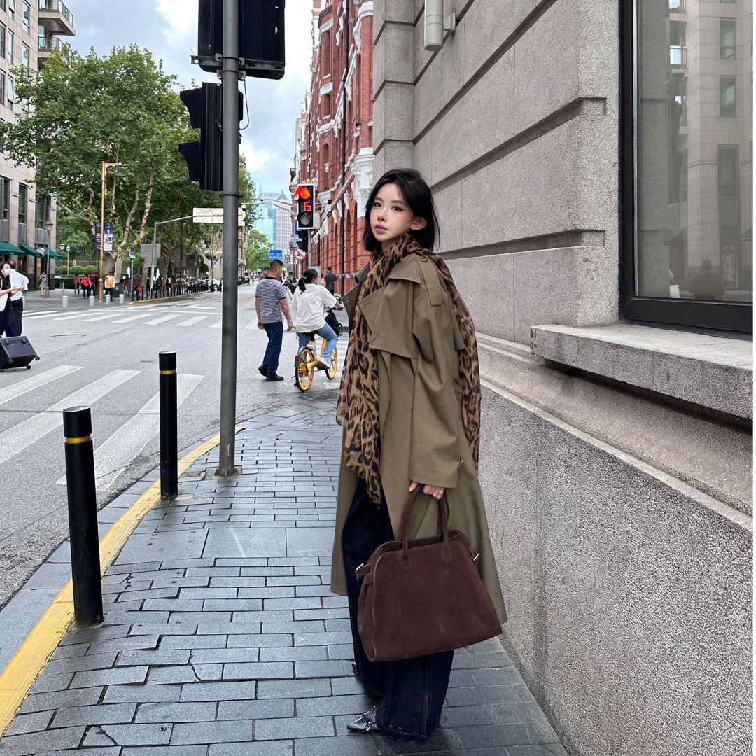 IAMFINE原创女休闲长款翻领秋季中长版宽松大衣风衣收腰气质显瘦