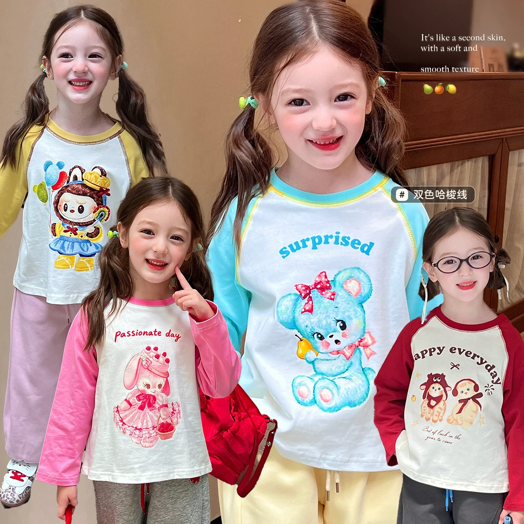 栀了成长记童装女童撞色印花T恤秋季新款儿童宝宝百搭插肩袖上衣