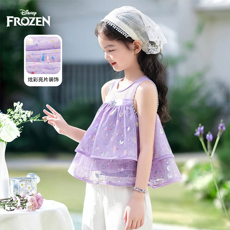 Disney/迪士尼女夏季碎花鱼尾无袖女孩2025年夏装童装洋气上衣