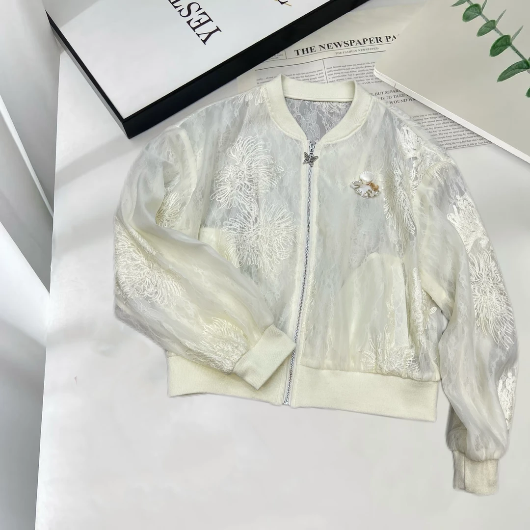 防晒刺绣薄款女宽松型薄款短外套拉链圆领外套