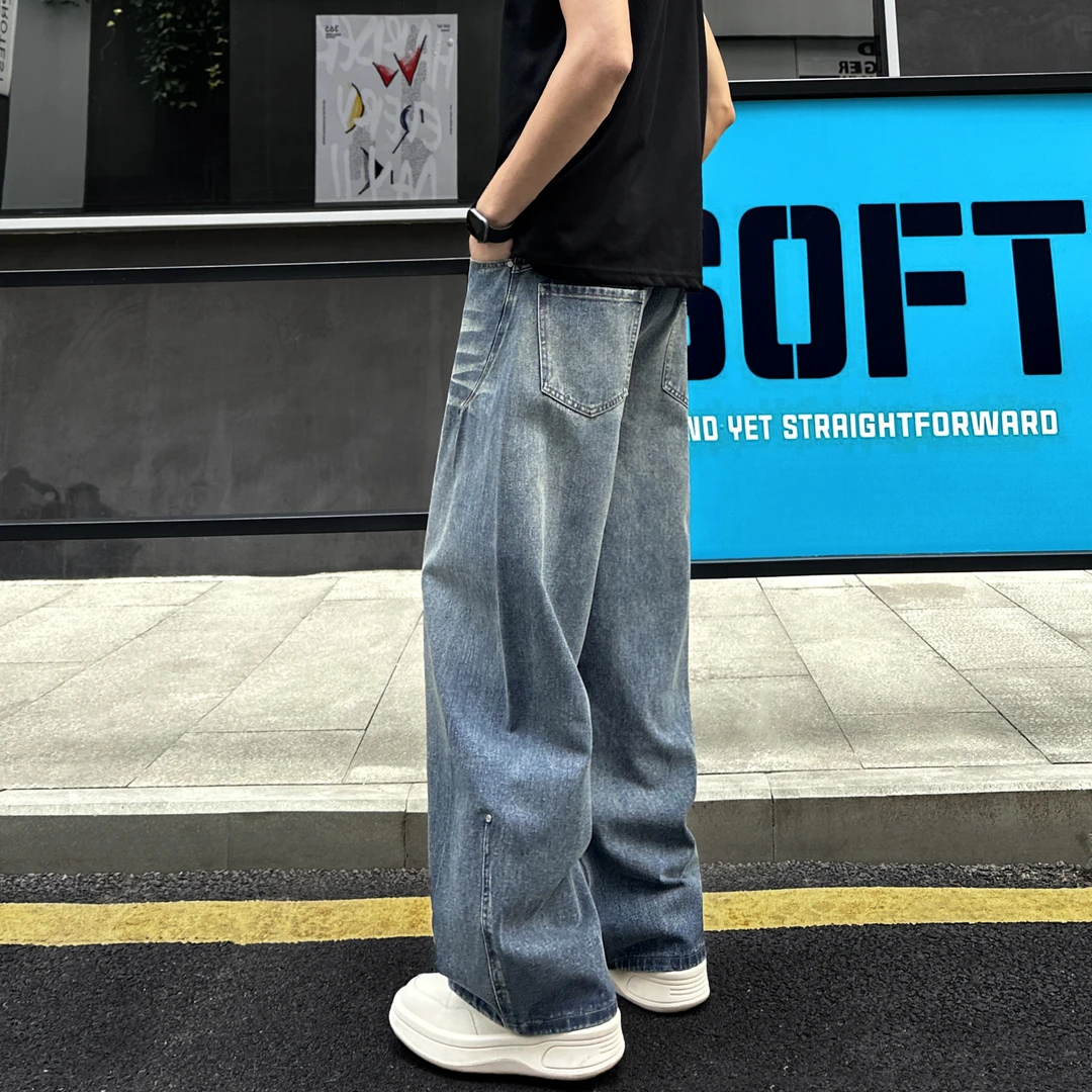 Qualcomm复古水洗cleanfit直筒牛仔裤男潮牌美式阔腿高街休闲长裤