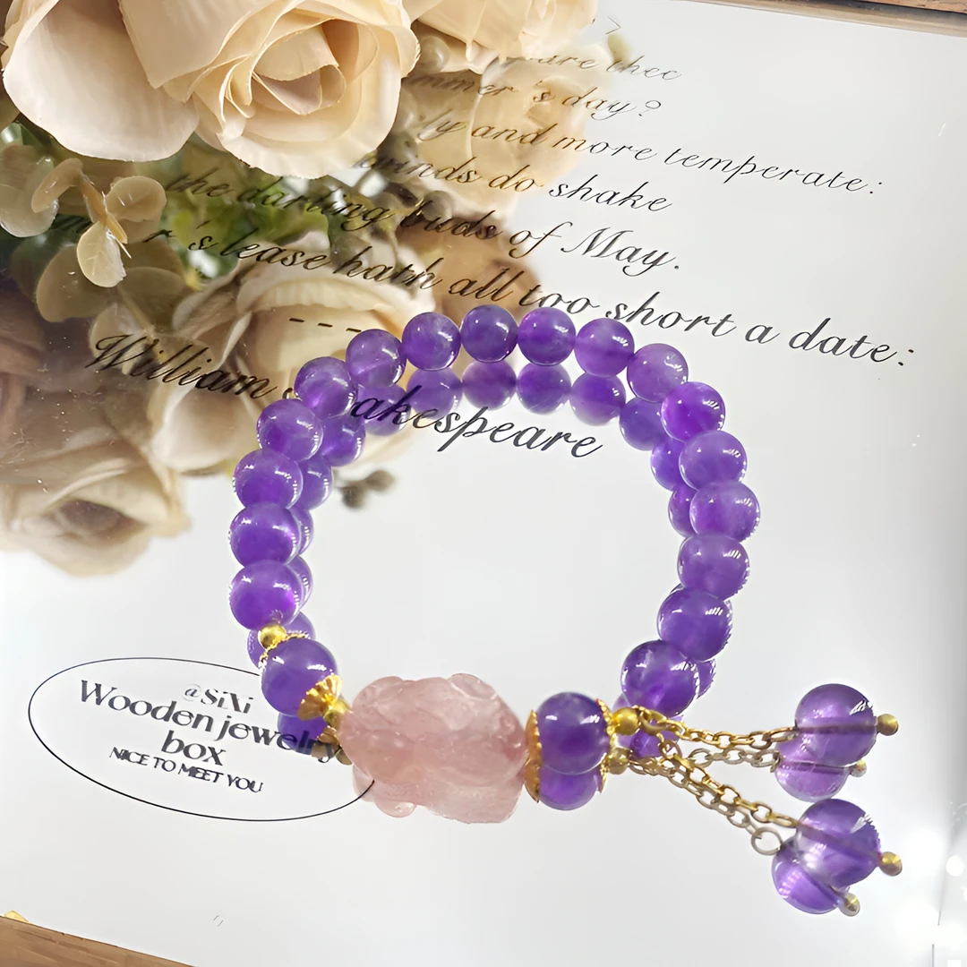 天然紫水晶配草莓晶貔貅简约百搭手串-708