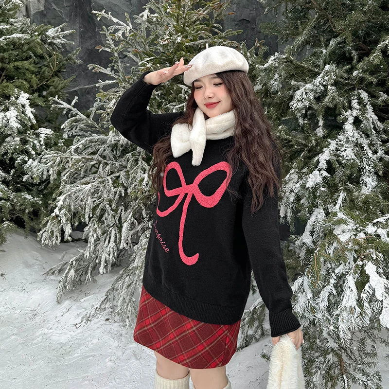 BD4423大码女装【新年圣诞穿搭】蝴蝶结毛衣秋冬季200斤圆领针织衫