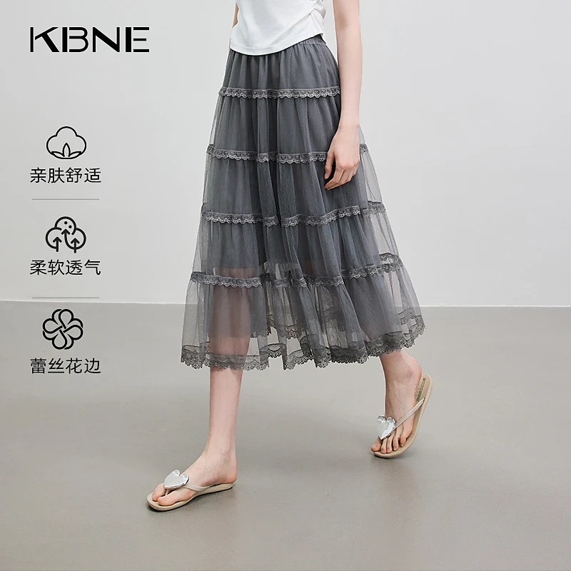 半身裙女款爆款2025新款蛋糕裙KBNE夏季高级感灰色蕾丝拼接网纱裙
