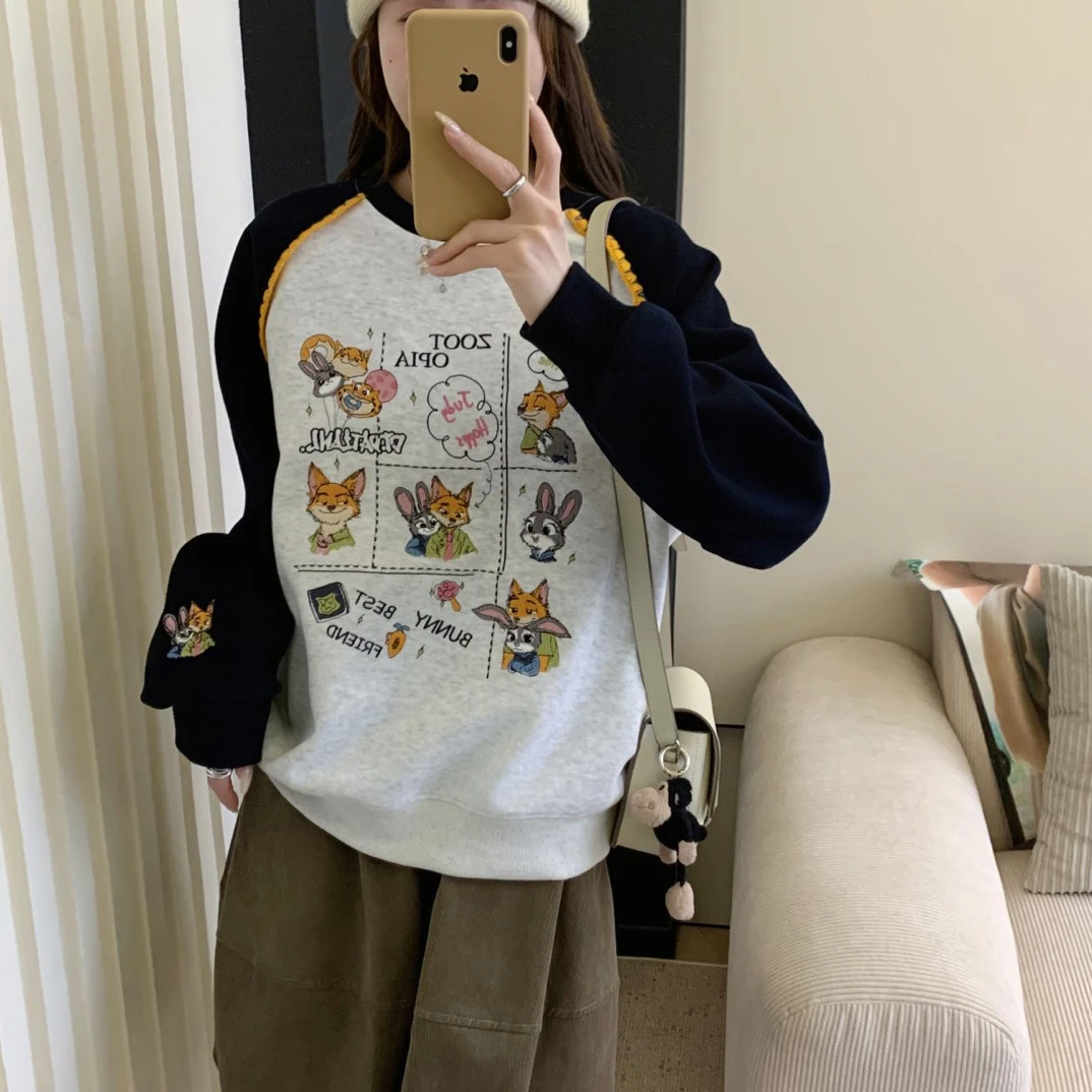 大田3638疯狂动物城朱迪尼克重工刺绣圆领插肩袖宽松百搭长袖卫衣