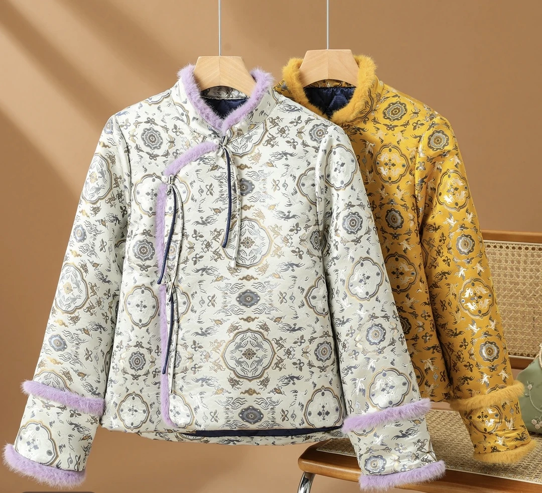 6207 加厚保暖棉服爆款加绒款冬季中国古典图纹小仙鹤图棉衣外套