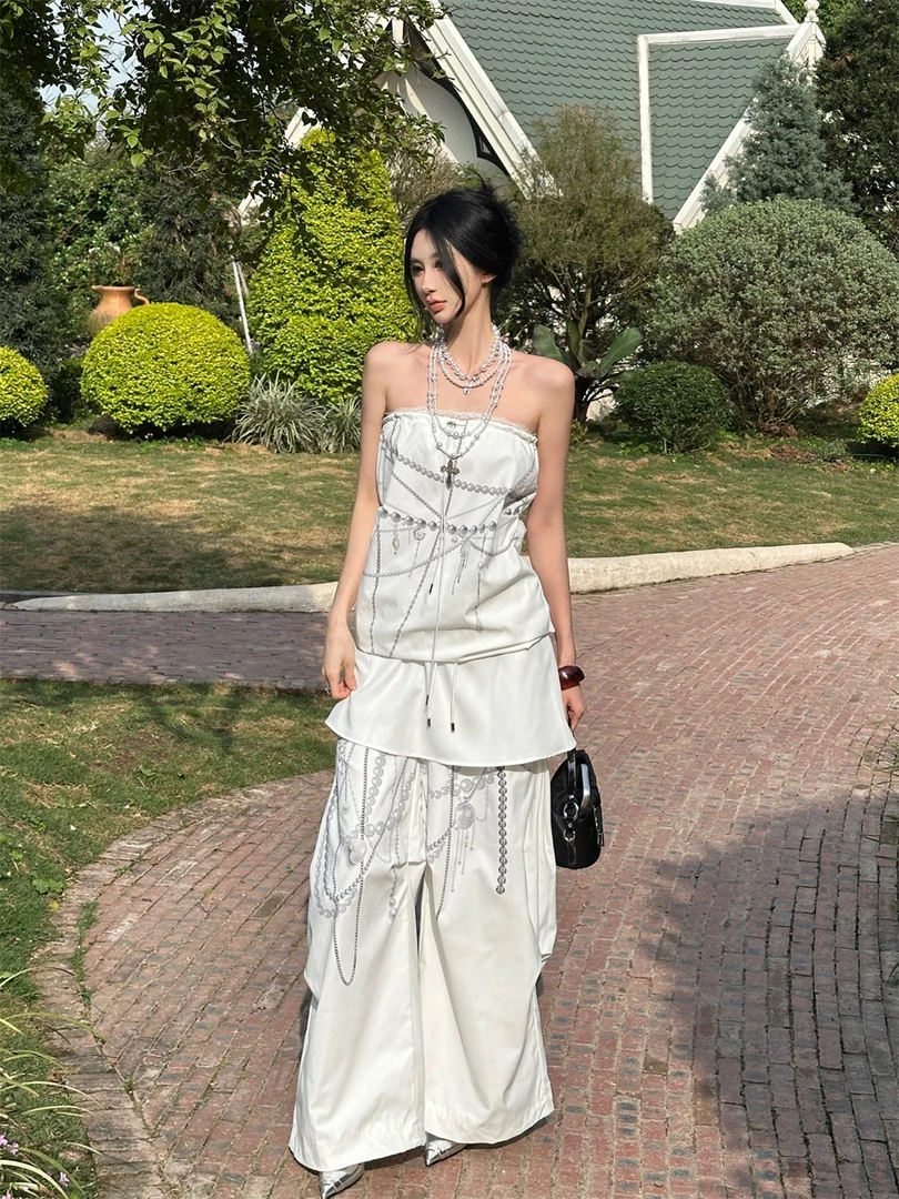 MOONSEE 法式珍珠印花蕾丝花边一字肩抹胸上衣女夏季宽松长裤套装