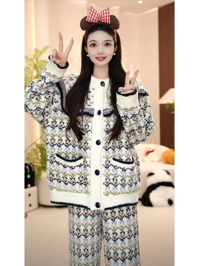 【花卉】可外穿半边绒时尚冬季家居服加绒加厚软绵绵睡衣套装