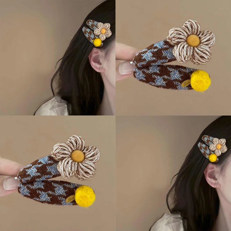 韩版蓝咖色千鸟格纹发夹森系复古毛线针织边夹冬天碎发夹发饰新品