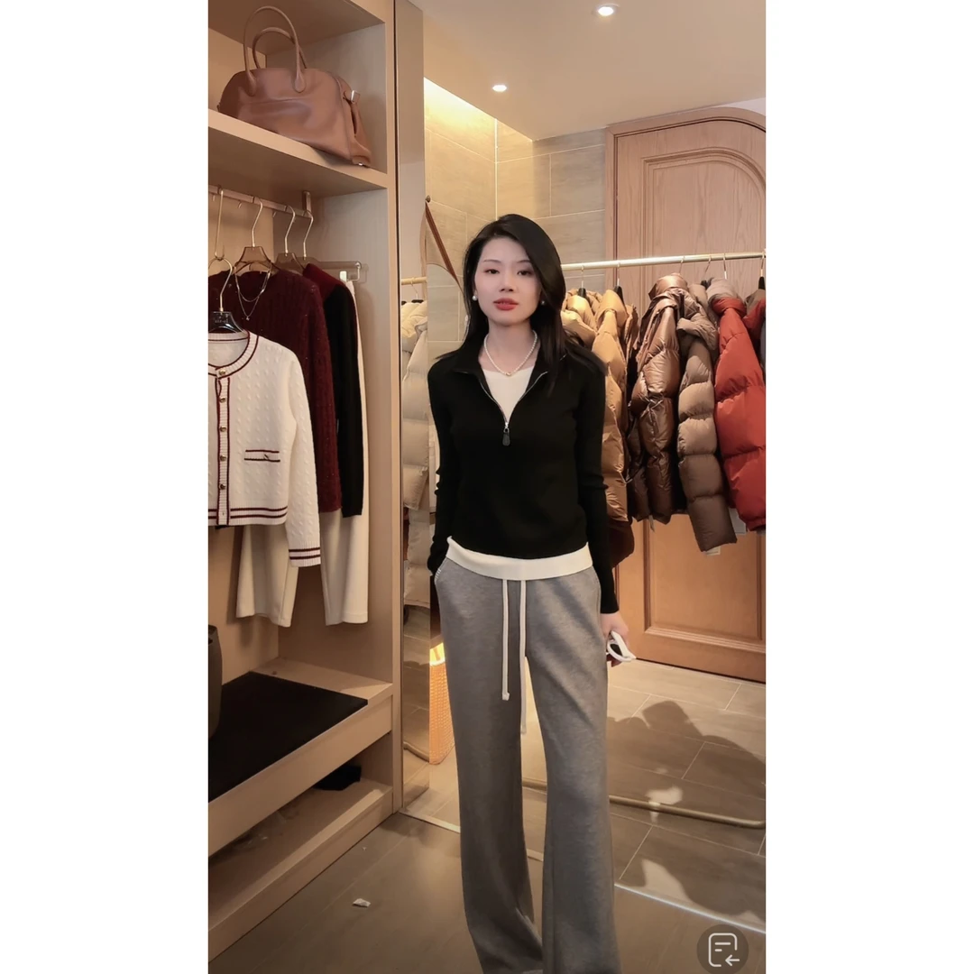 【清冷浮世】羊毛混纺撞色假两件半拉链针织衫秋冬新品百搭时尚套头