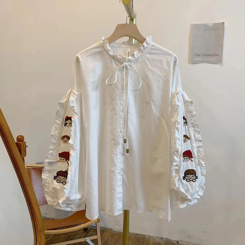 森系花边刺绣阔版衬衫胸围126衣长67气质长袖时尚白色宽松