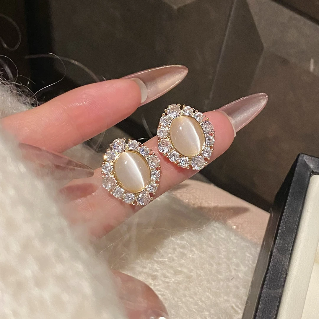 铜合金合成锆石耳饰 落日对白|法式猫眼石耳饰蚊香盘耳夹气质耳钉