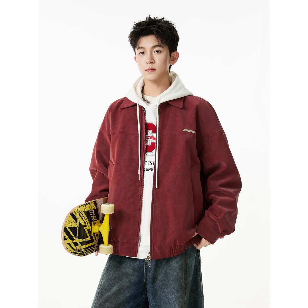 悟空有货美式复古PU皮翻领夹克男女秋季潮牌情侣宽松百搭机车外套