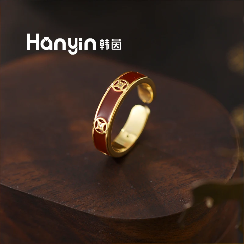 铜合金珐琅戒指 新中式百搭高级釉面钱多多开口戒指指环