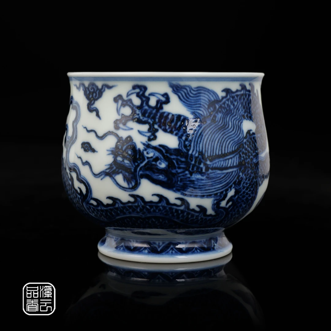泽一堂 景德镇柴窑手工手绘陶瓷青花霸王龙高炉式主人杯品茗杯