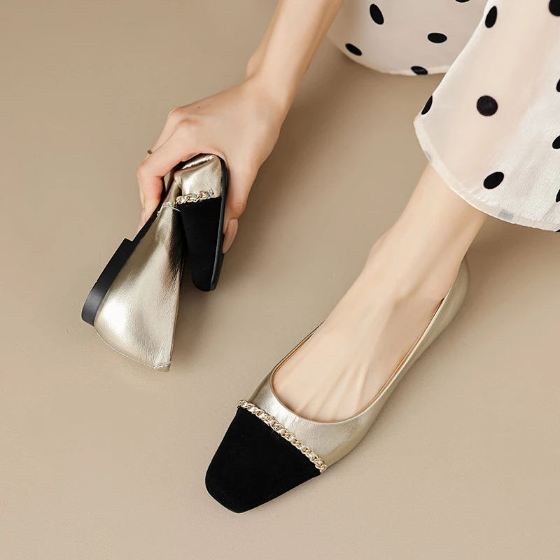 TCZE巨软好穿~法式复古链条情侣拼色方头软底奶奶鞋平跟单鞋