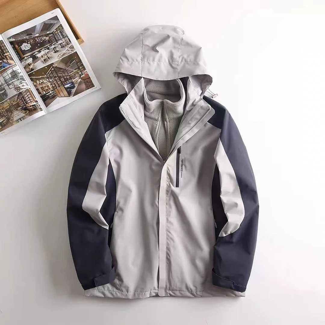 HW018冬新款三合一拼色加绒加厚保暖户外服可脱卸冲锋衣登山服T3