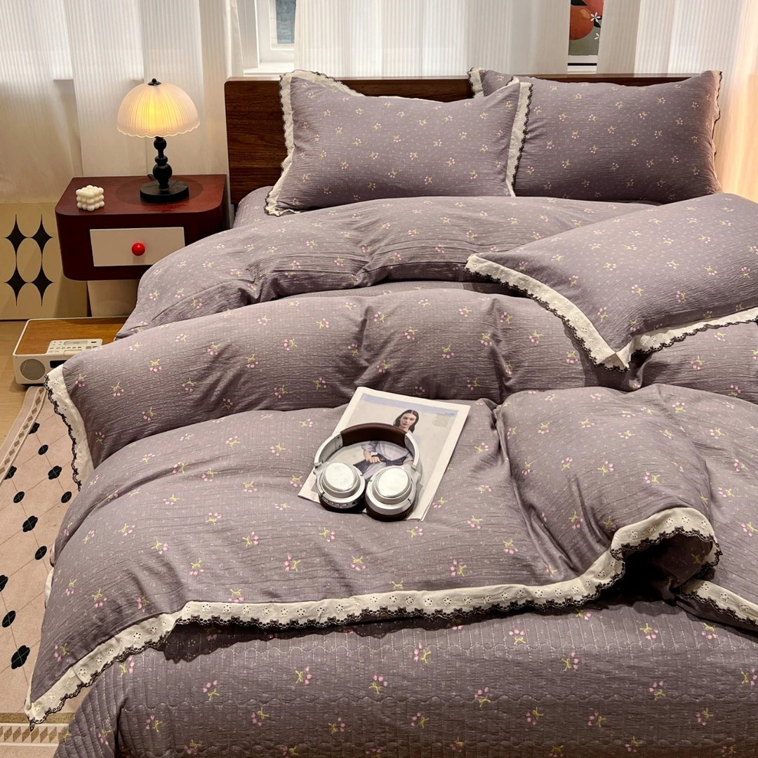 轻奢超软糯田园风皱皱纱床盖四件套小清新夹棉荷叶花边不起球床品