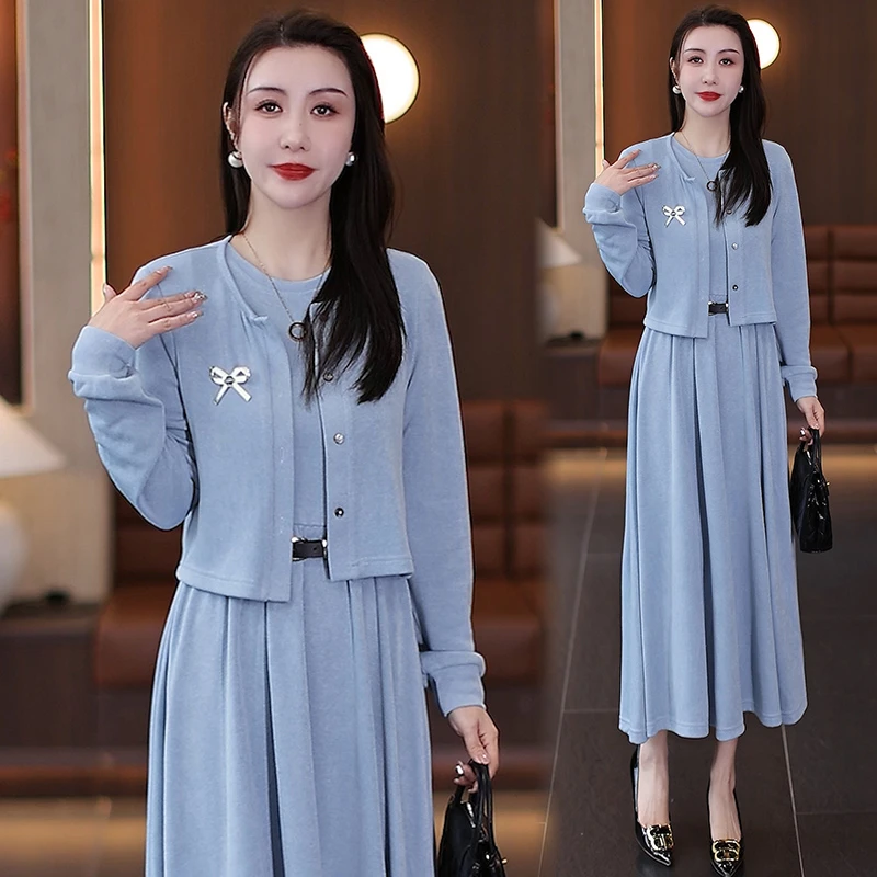 休闲裙套装女2025年春秋新款圆领开衫显瘦背心裙连衣裙针织两件套