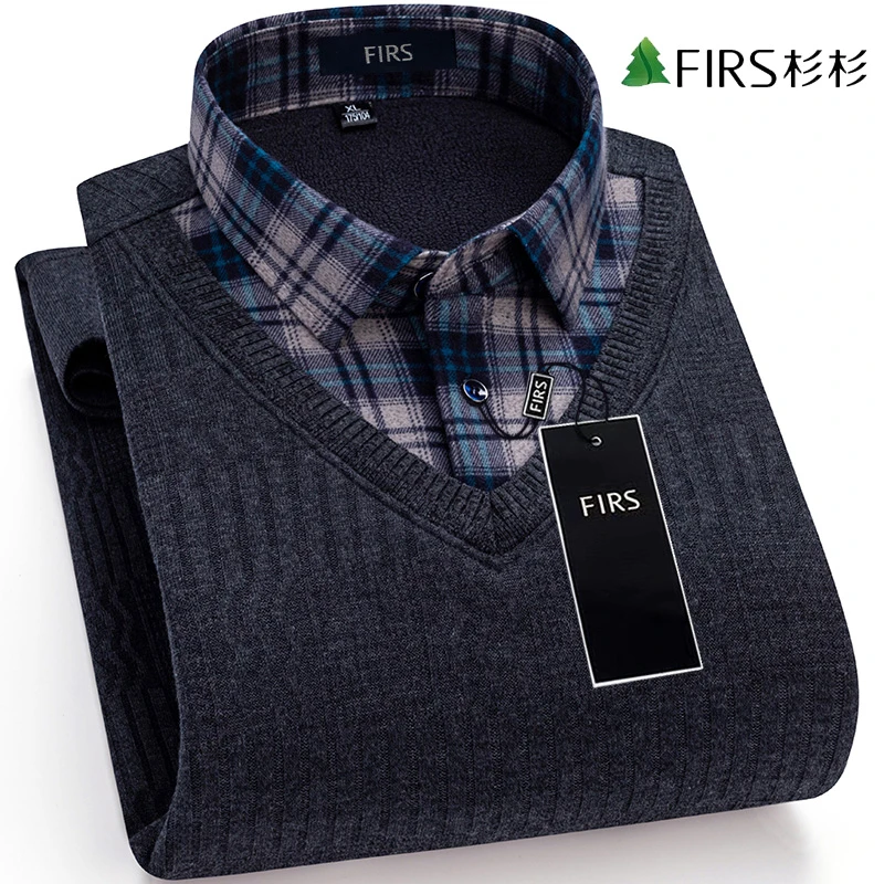 杉杉冬季男士保暖格子衬衫加绒加厚男款长袖假两件商务休闲衬衣男