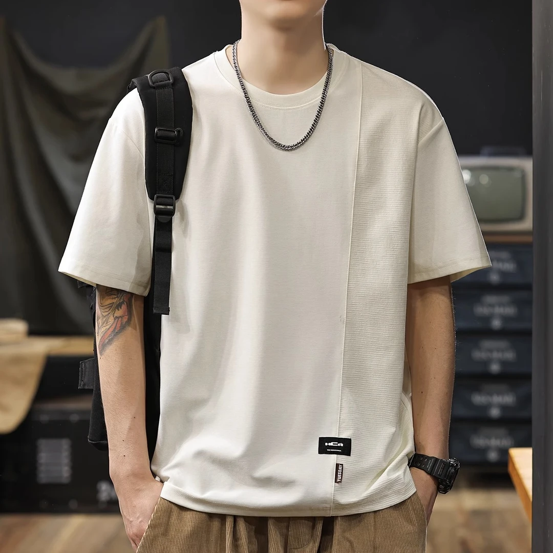 凉感棉短袖T恤男2025夏季新款提花拼接男士半袖男款衣服t