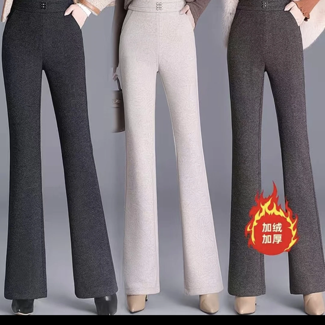加绒女士冬季裤子加绒呢子阔腿微喇中年妈妈加绒长裤裤子