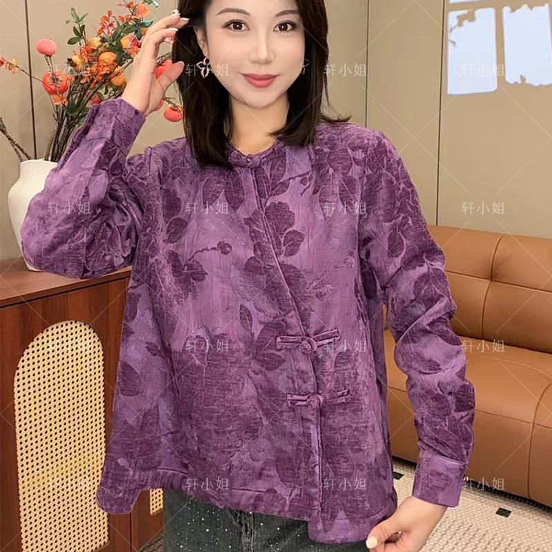 【轩小姐】设计感丝绒烧花新年气质显瘦上衣新中式国风女装126-20