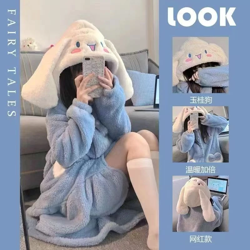玉桂狗珊瑚绒睡衣女秋冬季长款睡裙卡通保暖睡衣学生加绒可爱睡袍