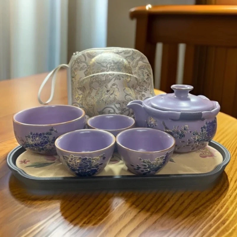 A436牡丹紫韵旅行套带包茶盘便携中式纯手工主人杯彩陶陶瓷