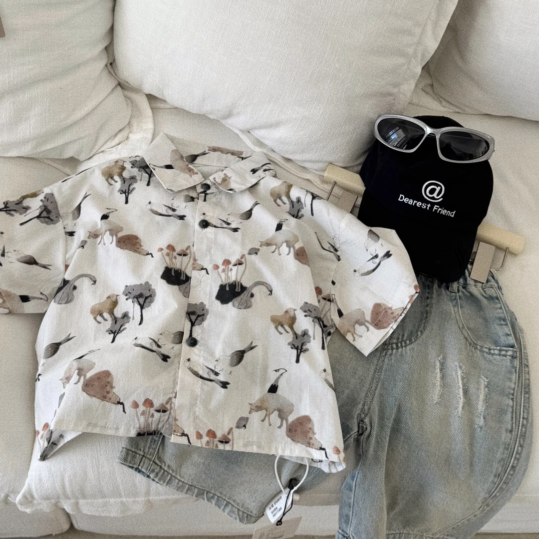 7108【现货】韩版儿童水印动物短袖衬衫