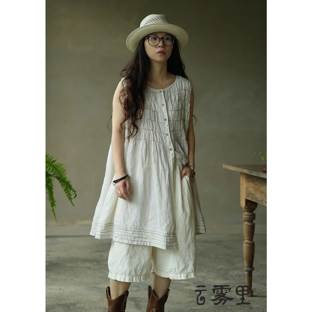 云雾里 原创设计复古文艺松弛感恣意宽松自由纯亚麻连衣裙 5237