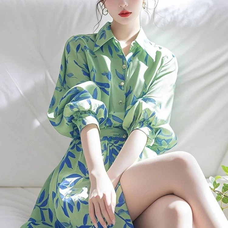 2025新款绿色印花衬衫连衣裙韩系千金感洋气漂亮设计感绝美温柔风